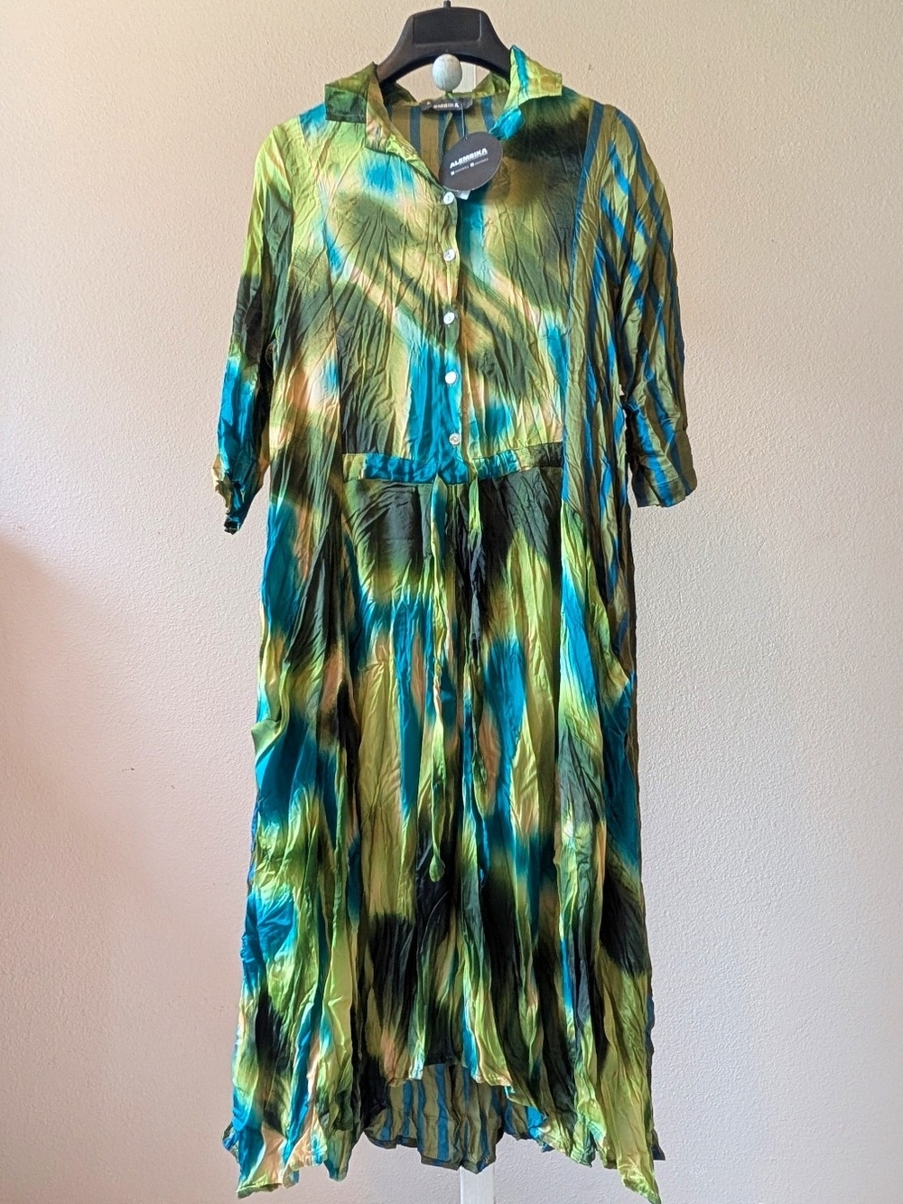 Alembika Lillifer Crinkle Tie-Dye Shirt Dress Aquamarine Multi
